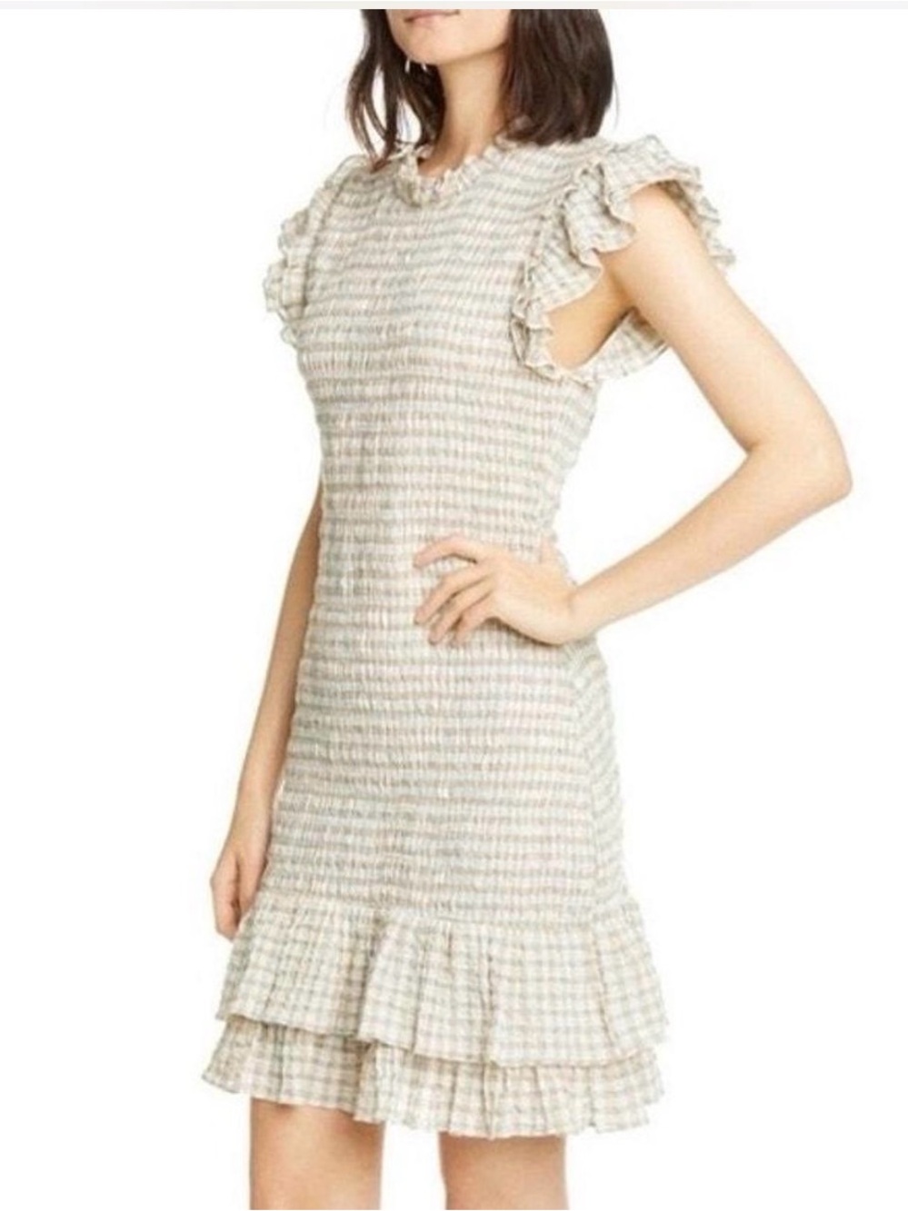 Veronica Beard Cici Smocked Plaid Dress Size 6 Green Beige Ruffle Mini Cotton
